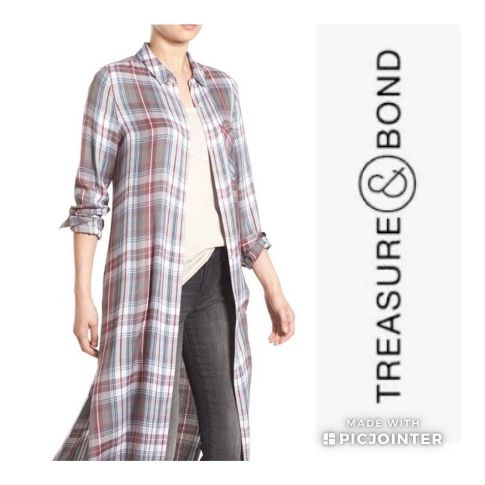 Treasure & Bond Long Sleeve Plaid Maxi Duster Button shirt - Picture 2 of 8